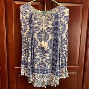 International Concepts Blue & White Design Peasant Blouse